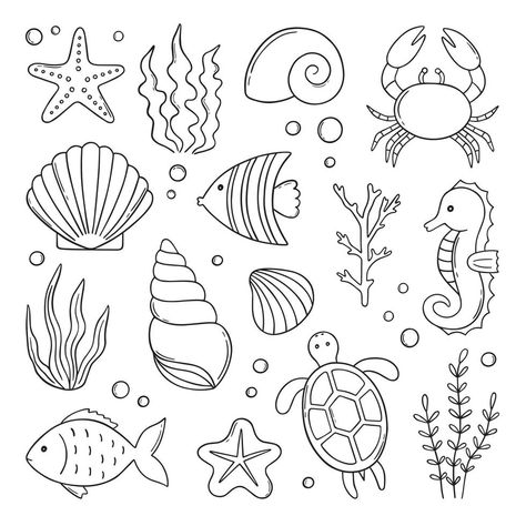 Seaside Doodles, Sea Doodle Art, Corals Drawings, Under The Sea Drawing Easy, Underwater Illustration Art, Easy Sea Animal Drawings, Ocean Illustration Underwater, Under Sea Drawing, Underwater Art Drawing