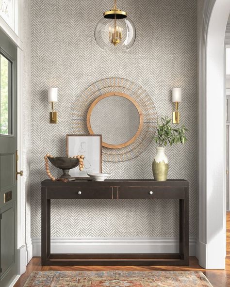 Skye Oriental Terracotta Area Rug & Reviews | Joss & Main Foyer Wallpaper Entryway, Retro Entryway, Hallway Wallpaper Ideas, Foyer Designs, Terracotta Area Rug, Foyer Wallpaper, Wallpapered Entryway, Entrance Hall Decor, Foyer Ideas Entryway