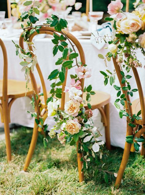 Bride And Groom Chair Flowers, Flowers On Chairs Wedding, Chair Florals Wedding, Chair Covered In Flowers, Chair Floral Arrangements, Ceremony Chair Flowers, Chair Flowers Wedding, Flowers On Chair, Venue Marketing