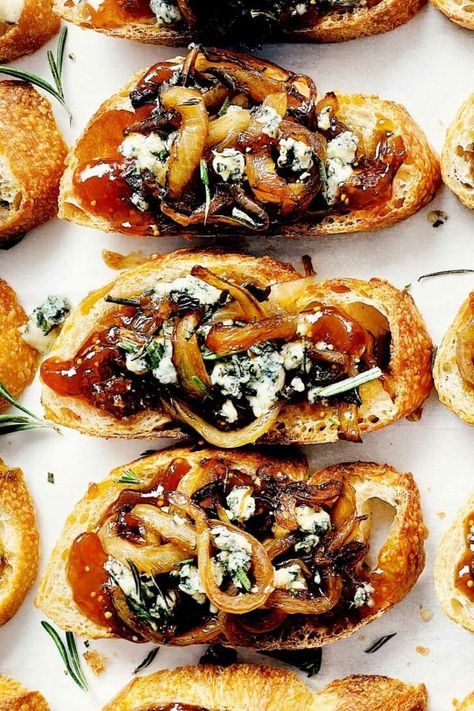 Caramelized Onion Crostini with Fig Jam and Blue Cheese | foodiecrush.com Fig Brie Sandwich, Crostini With Fig Jam, Cheese And Jam Pairings, Savory Crostini, Brie Fig Jam, Fig Jam Crostini, Brie Sandwich, Caramelized Onions Recipe, Restaurant Appetizers