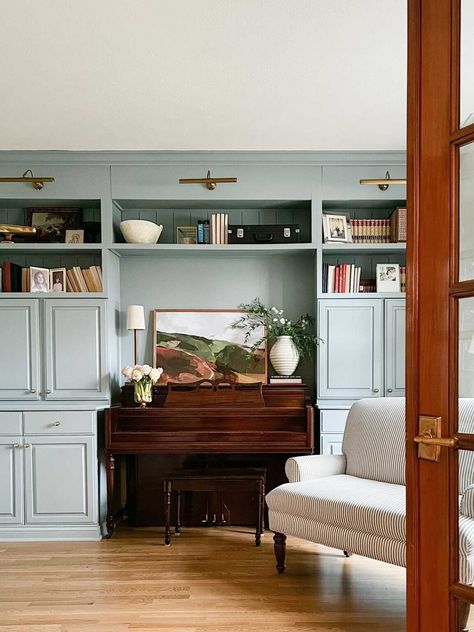 How to Create Piano Room Built-in Cabinets - House with Home Living Room Built Ins With Piano, Storage Around Piano, Small Piano Room Layout, Music Room With Fireplace, Formal Piano Room, Painted Built Ins Playroom, Piano In Alcove, Keyboard Built In, Built In Bookcase With Desk Living Room