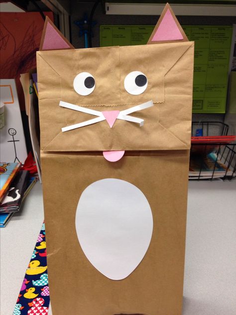 Cat Puppet Paper Bag, Cat Paper Bag Puppet, Cat Crafts Preschool, Cat Puppet, Puppet Template, Bag Puppet, Cat Paper, Paper Plate Crafts For Kids, Paper Bag Crafts