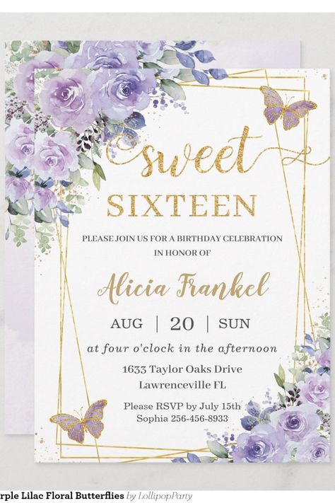 Sweet 16 Sixteen Purple Lilac Floral Butterflies Invitation Sweet 16 Invitations Purple, Sweet 16 Butterfly Theme, Sweet 16 Purple Theme, Purple Sweet 16, Lollipop Party, 16 Invitations, Butterfly Invitations, Four O Clock, Purple Themes