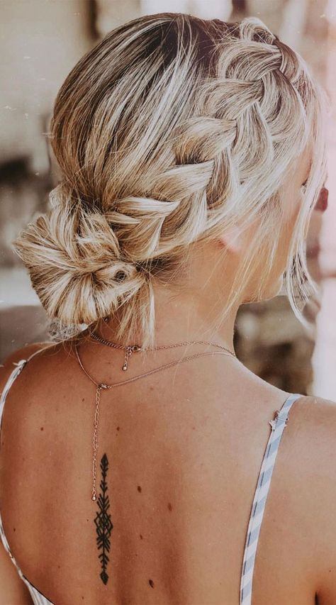 1. Crown braid & bun hairstyle Looking for hairstyles to rock this season and never go out of style? Braids will never go out... Braid Homecoming Hairstyles, Bridesmade Hair, Bridesmaid Hair Inspo, Bridesmaids Hairstyles, Bridemaids Hairstyles, Style Braids, Cute Prom Hairstyles, Ball Hair, Braid Bun