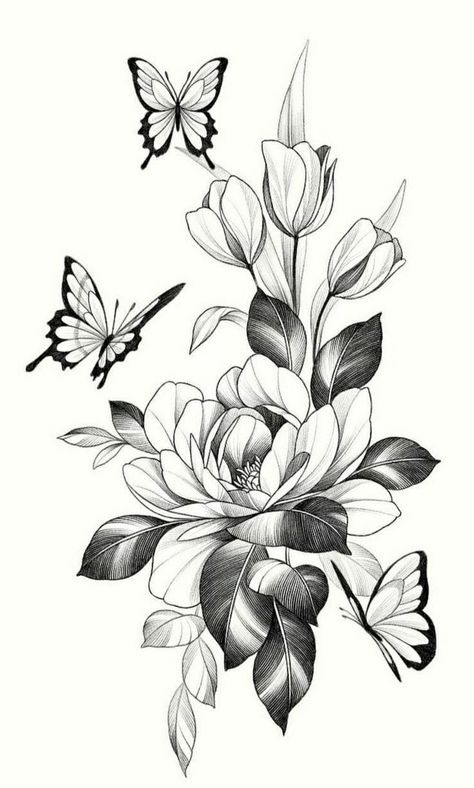 Floral Tattoo Design Drawings, Flower Tattoos Designs, Flowers Tattoo Design, Flowers Tattoos, Flores Tattoo, Flower Tattoo Drawings, Beautiful Flower Tattoos, Floral Tattoo Sleeve, Floral Tattoo Design