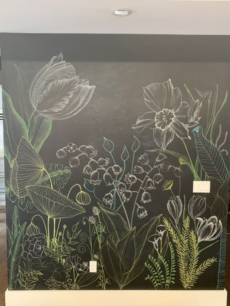 White and greens chalk on chalkboard paint wall Large Chalkboard Art, Cool Chalkboard Wall Art, Green Chalk Paint Wall, Chalkboard Painted Wall, Chalkboard Wall Art Bedroom, Plant Chalkboard Art, Chalk Art On Wall, Chalk Wall Mural, Floral Chalk Art