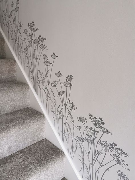 This stencil comes in two parts. It is designed for stairs with a rise of 40 degrees. Stair Wall Painting Ideas, Stenciled Stairs, Stairway Wall, Collage Decor, Flower Stencils, Stair Wall, Staircase Wall, Cow Parsley, Painted Stairs