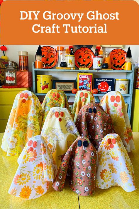 Let's craft some Halloween decor! A flower power groovy ghost made with vintage sheets and retro fabric. This is an easy no sew craft project that anyone with a glue gun can DIY. These little upcycle fabric ghosts are the most festive 1970s inspired Halloween decorations. Let me know if you give it a try! Halloween Fabric Decorations, Diy Fall Decor Upcycle, Diy Fabric Halloween Decorations, Halloween Crafting Ideas, Fabric Halloween Crafts, Halloween Fleece Crafts, Halloween Fabric Crafts Easy Diy, No Sew Fall Crafts, Halloween Paper Crafts For Adults