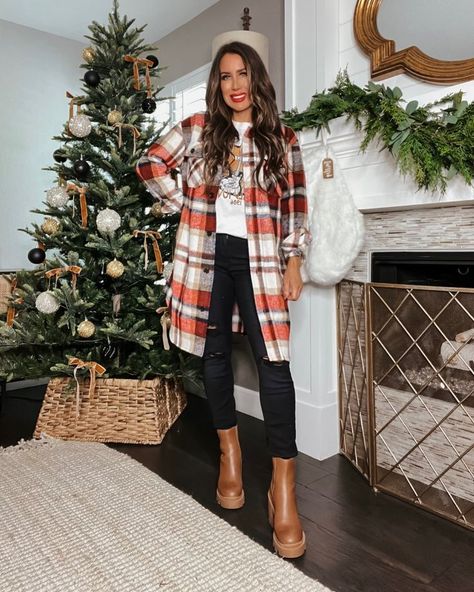 Plaid Shacket Outfit, Winter OOTD, Graphic Tee, Distressed Denim, Steven Madden Boots, Christmas Decor, Tree Decor, LiveLoveBlank, Fashion Blogger Women’s Christmas Picture Outfits, Long Plaid Shacket Outfit Women, Holiday Plaid Outfit, Long Plaid Shacket Outfit, Womens Plaid Shirt Outfit, Plaid Shacket Outfit Women, Plaid Shacket Outfit, Red Plaid Outfit, Shacket Outfit Women