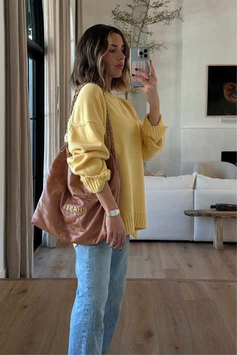 For spring, we're wearing lighter colors in heavy fabrics. I love pairing jeans with a pastel sweater, like this butter yellow sweater. If you need casual mom outfit ideas or spring outfit ideas, I'm your girl. details are linked here, so tap to shop and be sure to scroll around to see the other looks I'm styling! Butter Yellow Sweater, Bright Yellow Sweater Outfit, Light Yellow Sweater Outfit, Pastel Yellow Outfits, Yellow Pullover Outfit, Yellow Outfit Winter, Yellow Winter Outfits, Pastel Sweater Outfit, Colorful Sweater Outfit