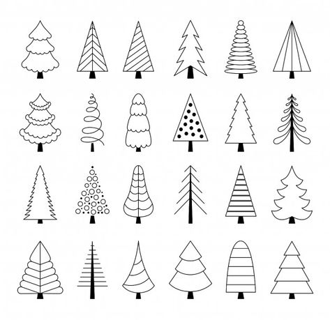 Set of christmas trees in a simple outli... | Premium Vector #Freepik #vector #tree #drawing #outline #collection Simple Painted Christmas Tree, Christmas Tree Doodles Easy, Christmas Tree Simple Drawing, Drawing A Christmas Tree, X Mas Tree Drawing, Doodle Christmas Tree, Crismas Tree Drawing, Christmas Tree Drawing Simple, Christmas Tree Ideas Drawing