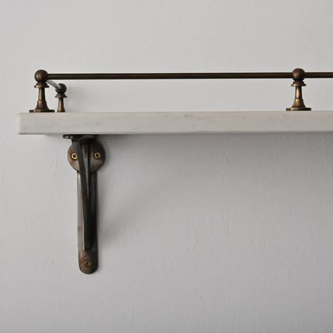 Our classic collection is inspired by traditional English homes. A collection of quality timeless hardware including cabinet hardware, utility rails, hooks, gallery rails, and shelving brackets. Both elegant and practical, this range of stunning... Victorian Bathroom Shelf, Victorian Floating Shelves, Antique Brass Shelf Bracket, Brass Rail Shelving, Railing Shelves, Interesting Shelves, Gallery Rail Shelf, Shelf With Railing, Gallery Railing