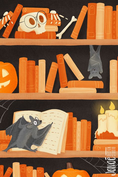 Featuring a whimsical bookshelf adorned with cute bats, spooky books, and friendly jack o' lanterns, this artwork is perfect for adding a touch of Halloween magic to your space. Whimsical Bookshelf, Bookshelf Illustration, Halloween Bookshelf, Spooky Books, Cute Bats, Cute Bat, Halloween Magic, Halloween Bats, Children's Books