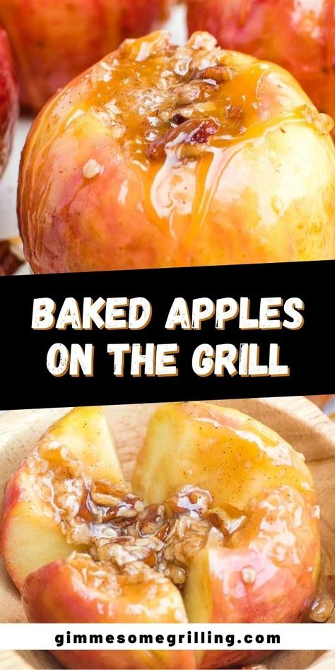 Baked Apples are a fall favorite dessert. Tender, juicy apples that are stuffed with an oatmeal crumble, baked or grilled and drizzled with caramel. You can even top them with ice cream to make them over the top delicious and amazing. Prepare these on the grill or oven for an easy dessert this fall. #baked #apples Fall Dinner Recipes Grill, Grilled Apples, Fall Favorite Desserts, Easy Baked Apples, Oatmeal Crumble, Baked Apple Dessert, Baked Apple Recipes, Blackstone Recipes, Grilled Desserts