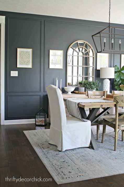 Moulding Accent Wall Dining Room, Angled Dining Room Wall, Adding Depth To Walls, Dining Room Accent Wall With Mirror, Wood Trim Accent Wall Dining Room, Large Accent Wall Dining Room, Dinning Room Wall Trim Ideas, Dining Room Dark Accent Wall, Paneled Dining Room Wall