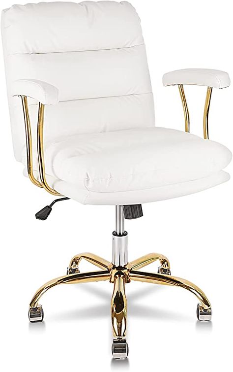 Amazon.com: KLASIKA Ergonomic Office Chair for Heavy People, Desk Chairs with Wheels and Arms, Faux Leather Computer Chair for Home Bedroom Office, White Chair Gold Caster : Home & Kitchen Girls Desk Chair, White Leather Office Chair, White Desk Chair, Comfy Office Chair, Desk Chair Comfy, Bedroom 2024, Cozy Desk, Home Bedroom Office, Gold Office