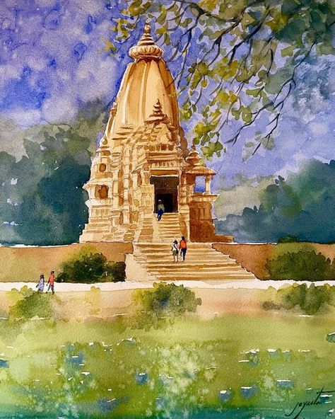 Temple Watercolor Paintings, Khajuraho Temple, Temple Painting, Paintings Nature, Temple Drawing, Warli Painting, Pencil Sketching, Watercolor Paintings Nature, Landscape Painting Tutorial