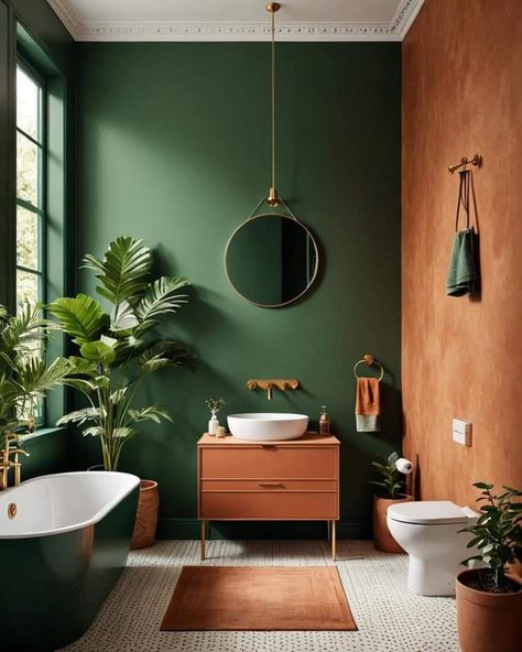 Pine Green Bathroom, Green And Yellow Bathroom Ideas, Orange Green Bathroom, Green Toilet Room, Green And Terracotta Bathroom, Orange And Green Bathroom, Bathroom Colour Palettes, Green And Wood Bathroom, Green Wall Bathroom