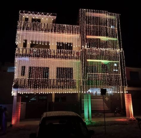 Contact 8922067123 Diwali House Lighting Outdoor, Diwali Lights Decoration House, Stage Decoration Photos, Chaturthi Decoration, House Lighting Outdoor, Diwali Light, Backyard Wedding Decorations, Rice Lights, Simple Stage Decorations