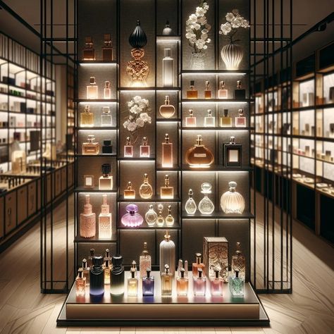 20 Perfume Display Ideas for a Fragrant Showcase Vanity Perfume Display, Bottle Display Ideas, Perfume Store Design, Perfume Shop Interior Design, Cosmetics Store Design, Product Display Design, Perfume Display Ideas, Perfume Closet, Alcohol Display