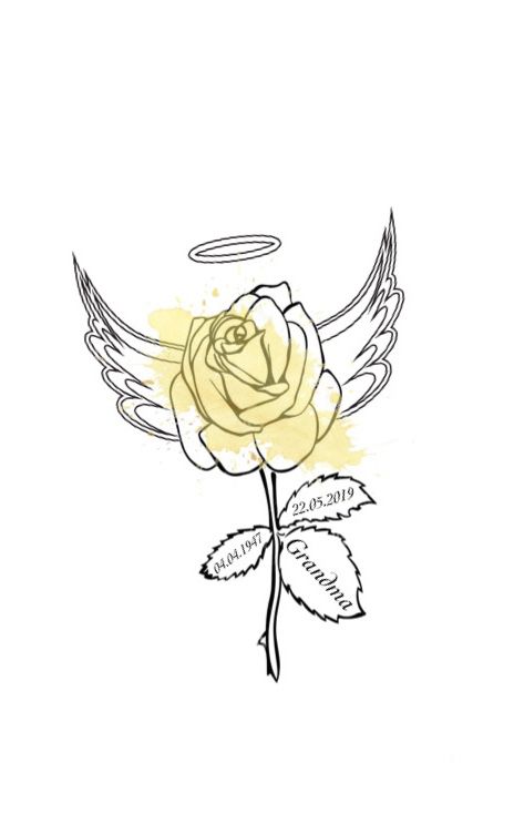 Yellow rose memorial tattoo for grandparent with angel wings & halo Great Grandparents Tattoo Memories, Tattoo Ideas To Honor Grandparents, Yellow Rose With Angel Wings Tattoo, Small Grandma Memorial Tattoos, Tattoos In Memory Of Grandparents, Yellow Rose Memorial Tattoo, Flower With Angel Wings Tattoo, Tattoo Designs For Grandma, Grandma Tattoo In Memory Of Rose