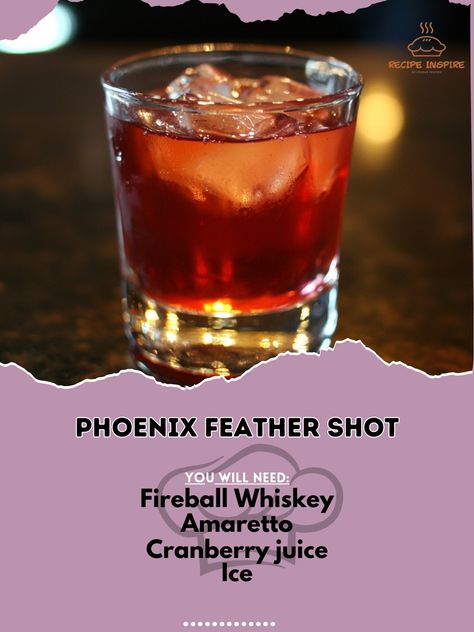 🔥 Rise with the Phoenix Feather Shot! 🦅🍸 #FieryFlavors #PhoenixRising Phoenix Feather Shot Ingredients: Fireball Whiskey (1 oz) Amaretto (1/2 oz) Cranberry juice (1/2 oz) Ice (as needed) Instructions: Fill a shaker with ice. Add Fireball Whiskey, amaretto, and cranberry juice. Shake well and strain into a shot glass. 🦅 This shot is fiery and bold, just like a phoenix rising from the ashes! Perfect for a bold night out. 🍸🔥 #PhoenixFeatherShot #BoldFlavors #FierySips Extravagant Cocktails, Fireball Whiskey Recipes, Mocktail Ideas, Fireball Drinks, Phoenix Rising From The Ashes, Fun Party Drinks, Rising From The Ashes, Whiskey Recipes, Fireball Whiskey