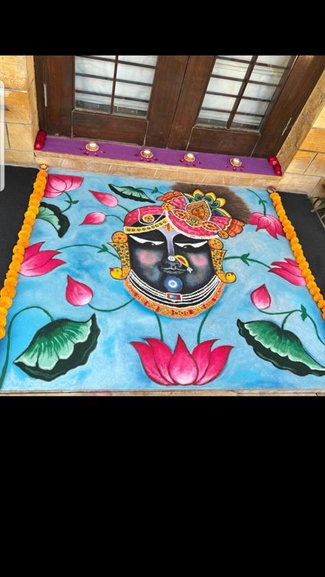 Shreenathji Rangoli Design Easy, Portrait Rangoli Designs, Shrinathji Rangoli Designs, Pichwai Rangoli Designs, Shree Nathji Rangoli, Lords Drawing, Scenery Rangoli For Diwali, Pichwai Rangoli, Diwali Special Rangoli Design 2024