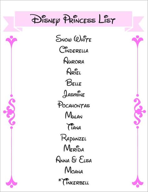 Disney Princess List - Whether you're planning a princess party or getting autographs at Disney World, sometimes you just need a Disney Princess list. This list of Disney princesses comes complete with fun facts about each one and a free printable too! #Disneyprincess #disneyprincesslist #listofprincesses #Disney Disney Princess Movies List, Princess Movies List, Disney Princess List, Disney Princess Names, Disney Princess Babies, Disney Princess Birthday Party, Princess Theme Birthday, Princess Theme Birthday Party, Tema Disney