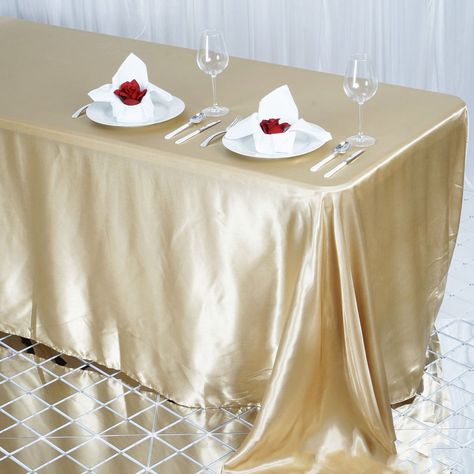 90x132" Champagne Satin Rectangular Tablecloth Party Restaurant, Linen Wedding, Fitted Tablecloths, Table Overlays, Party Table Cloth, Tablecloth Sizes, Brown Table, Rectangle Tablecloth, Wedding Linens