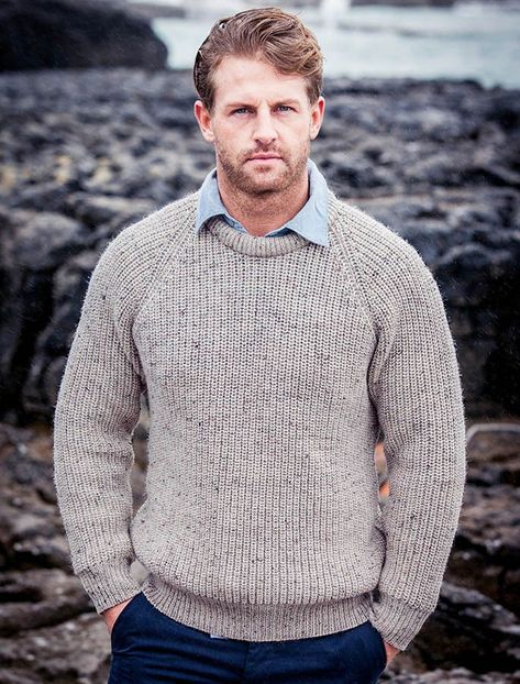 Mens Knit Sweater Pattern, Ribbed Sweaters, Irish Fisherman Sweater, Cottagecore Fashion Male, Irish Fisherman, Fishermans Rib, Irish Sweater, Mens Knit Sweater, Wool Sweater Men