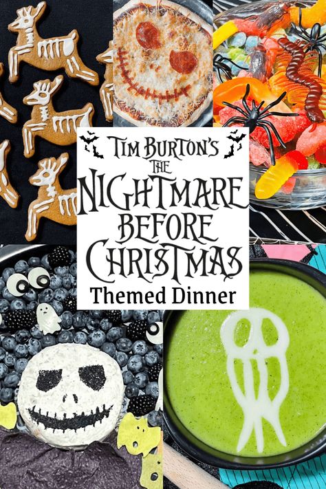 Nightmare Before Christmas Themed Dinner Nightmare Before Christmas Party For Christmas, Nightmare Before Christmas Movie Dinner, Nightmare Before Christmas Inspired Food, The Nightmare Before Christmas Movie Night, Nightmare Before Christmas Punch, Nightmare Before Christmas Movie Night Food, Nightmare Before Christmas Food Recipes, Dinner And A Movie Halloween, Nightmare Before Christmas Dinner Party