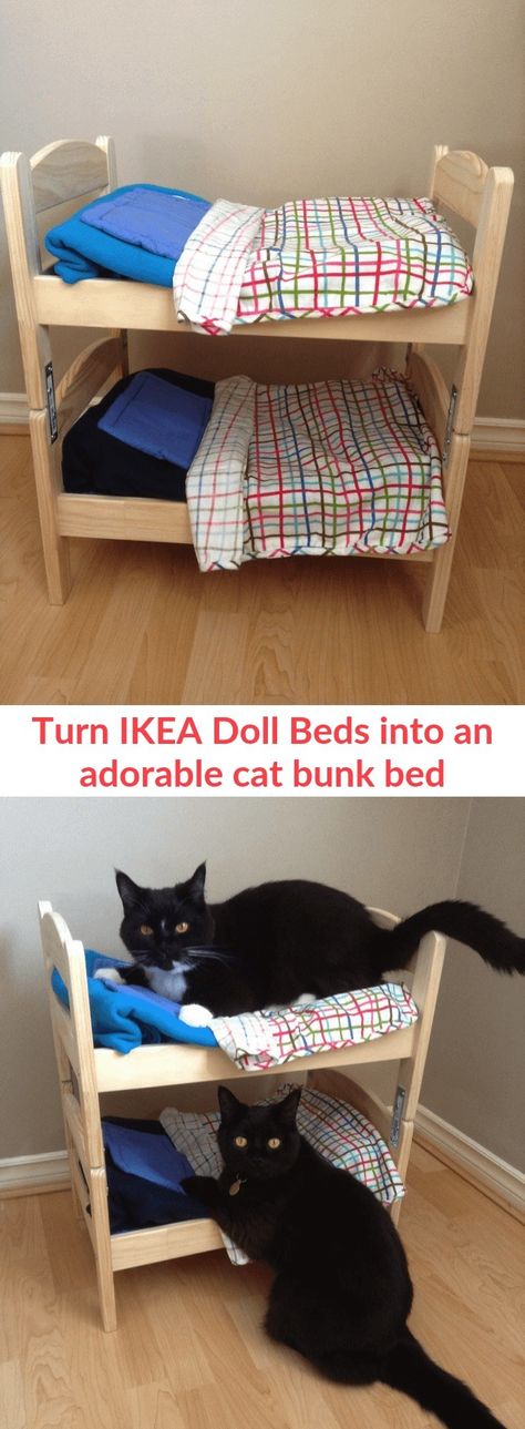 Turn IKEA doll beds into an adorable cat bunk bed. Instructions on how to make a cat bunk bed from the IKEA DUKTIG doll beds. Duktig Doll Bed Hack, Ikea Doll Bed Cat, Ikea Doll Bed Hack, Cat Bunk Beds Diy, Plushie Bed, Ikea Cat Bed, Cat Bunk Beds, Ikea Hacks For Cats, Ikea Doll