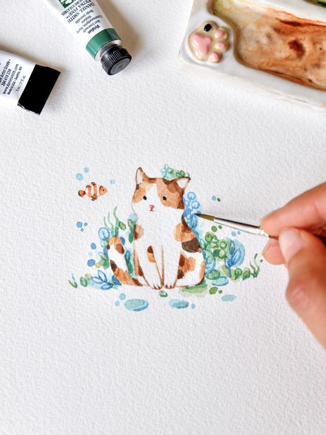 Watercolor Art Cute Cartoon, Watercolor Drawing Simple, Cat Watercolor Illustration, Watercolor Kawaii Art, Easy Beautiful Watercolor Paintings, Mini Watercolor Ideas, Watercolor Puppy Easy, Cute Mini Watercolor Paintings, Cute Simple Watercolor Art