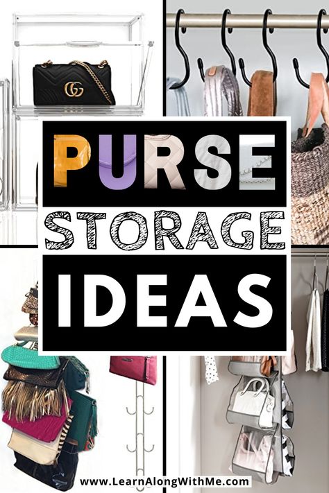 If you love your purses, but are frustrating by how to store them check out these 21 unique purse storage ideas. There are shelf options, ways to hang them in your closet, drawer organizers, and more. Which idea will be right for your collection? Best Way To Store Bags And Purses, Hang Bags In Closet, Organize Purses Small Space, Hang Purses In Closet, Small Closet Purse Organization, Pocketbook Storage Ideas, How To Store Purses In Closet, Organize Bags And Purses, Purse Hanging Ideas