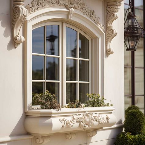 Foam Window Trim in Classic French Design for Exterior Beauty • 333+ Images • [ArtFacade] Parisian Style Windows, European Window Trim, European Style Windows, French Windows Bedroom, Arch Windows Exterior, Window Elevation Design, French Windows Exterior, Classic Home Design Exterior, French Window Design