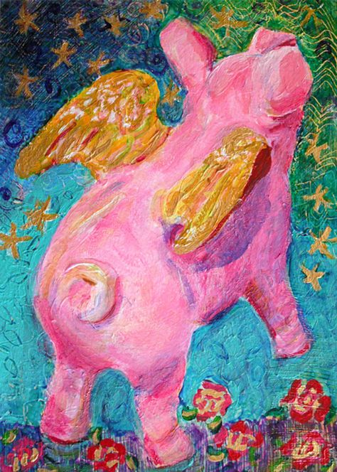 Flying Pigs Art, Paintings For Kids, Painting Folk Art, Pig Wall Art, Pig Images, Fly Art, When Pigs Fly, Pig Drawing, Pig Illustration