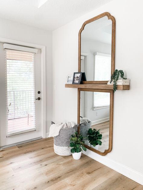 DIY full length mirror amd floatimg shelf. Target mirror Entry Mirror Ideas, French Country Entryway Ideas, Full Length Mirror Decor Ideas, Target Mirror, French Country Wall Mirror, End Of Hallway, French Country Mirrors, Organized Office, Mirror Decor Ideas