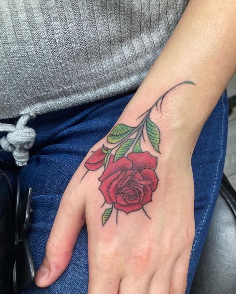 Red Rose Hand Tattoo, Stick Poke, Small Tattoos Ideas, Hindu Tattoos, Side Hand Tattoos, Tattooed Man, Stick Poke Tattoo, Rose Hand Tattoo, Hand And Finger Tattoos