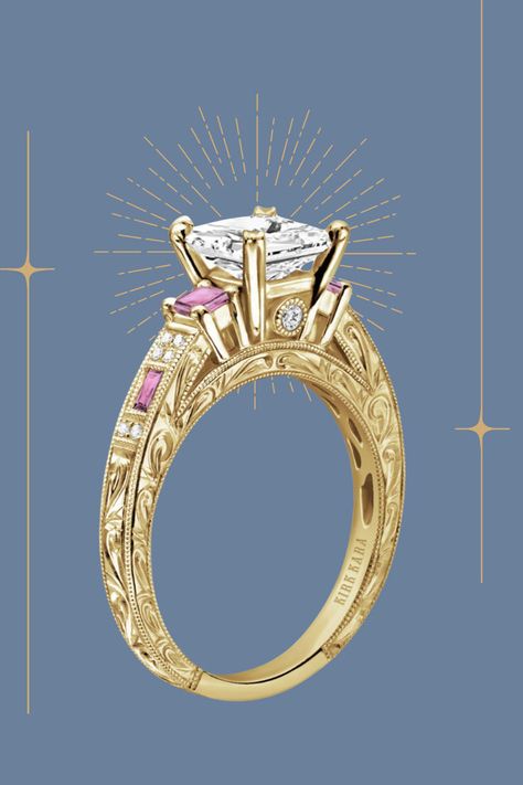 Dive into the artistic allure of Kirk Kara's deco-inspired pink sapphire engagement ring from the Charlotte collection. This extraordinary design features 1/20 carat total weight of round cut diamonds, two enchanting pink sapphire baguettes, and two captivating pink sapphire princess-cut gemstones, creating a harmonious blend of sophistication and charm. Kirk Kara Engagement Rings, Pink Sapphire Engagement Ring, Pink Sapphire Ring Engagement, Sapphire Engagement Ring, Antique Inspiration, Bridal Designs, Sapphire Engagement, Engagement Ring Wedding Band, Engagement Rings Sapphire