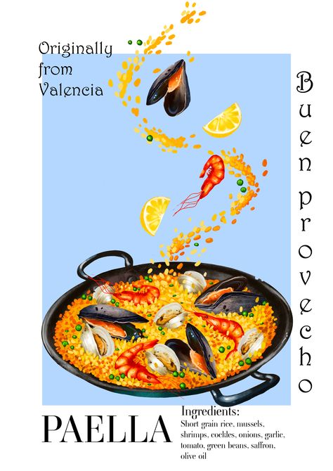 Spain Illustration Art, Spanish Menu Design, Spain Graphic Design, Spanish Design Graphic, Paella Illustration, Spanish Graphic Design, Spanish Restaurant Design, Spanish Illustration, Seafood Illustration