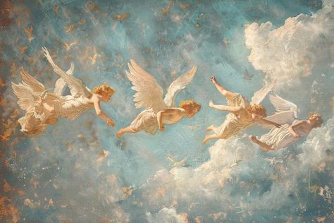 Ethereal Art Pc Wallpaper, Angelic Background Aesthetic, Angel Wallpaper Laptop, Aestethic Clouds, Light Academia Wallpaper Desktop, Heaven Background Aesthetic, Vintage Landscape Background, Vintage Angel Aesthetic, Angelic Paintings