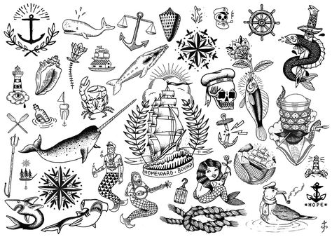 ••••• ⚓ J A C K ~ S L O W ⚓ ••••• Drawing and tattooing in black and white styles, dot work, lineart, etching and traditional Narwal Tattoo, Traditional Tattoo Black And White, Catrina Tattoo, Sailor Tattoos, Sailor Tattoo, Ocean Tattoos, Nautical Tattoo, Geniale Tattoos, Traditional Tattoo Flash