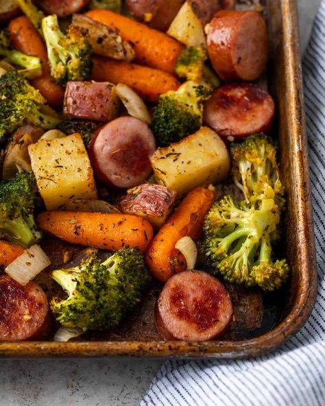 Vegetable Sheet Pan, Broccoli Sausage, Kielbasa And Potatoes, Spicy Honey Chicken, Sheet Pan Sausage, Roasted Potatoes And Carrots, Broccoli And Potatoes, Smoked Sausage Recipes, Sausage Dinner