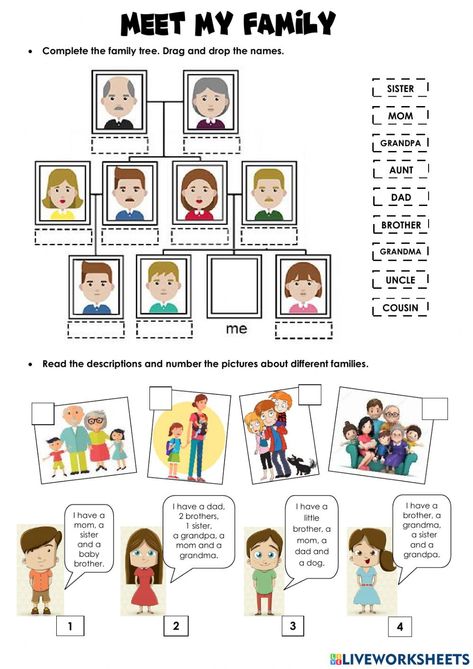 Teaching Family Members Activities, Family English Worksheet, My Family Worksheets For Kids, Family Worksheets For Kids, Family Members Worksheet, My Family Worksheet, English Primary School, Materi Bahasa Inggris, Family Worksheet