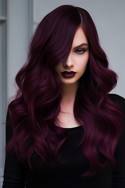 Dark Reds For Hair, Villian Era Hair Color, Violet Burgundy Hair Color, Burgundy And Plum Hair, Hair Color Plum Burgundy, Dark Purple Maroon Hair, Black Burgundy Hair Color, Dark Purple Red Hair Burgundy, Dark Red Magenta Hair