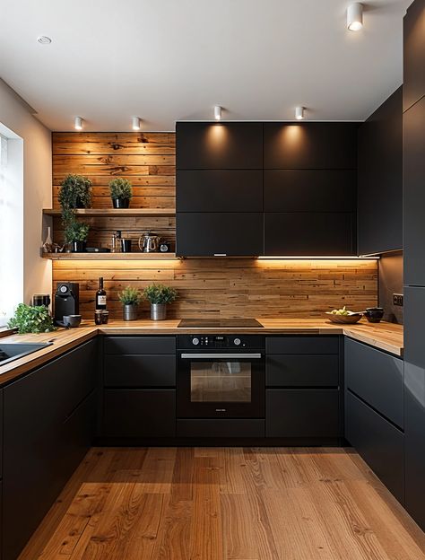 Sleek Dark Kitchen Vibes Basement Ideas Kitchen, Black Kitchen Cabinets Wood Countertops, Black And Wood Interior Design, Black And Oak Kitchen, Black Walls Kitchen, Black And Wood Interior, Black And Wood Kitchen, Kitchen Vibes, Light Wood Kitchens