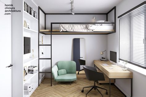 Loft Bed Office Ideas, Ideas For Small Rooms Bedroom, Ladder Loft, Kids Loft Bed, Lofted Bed, Beds Loft, Loft Beds For Small Rooms, Apartemen Studio, Bed Loft