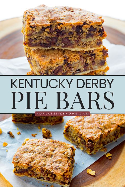 Kentucky Derby Pie Bars are cookie-like bars made with pecans and chocolate chips similar to Kentucky Derby Pie except they’re made with brown sugar but, not overly sweet. This finger dessert everyone will want to take a bite into. Derby Pie Bites, Derby Pie Bars, Kentucky Derby Desserts, Finger Dessert, Derby Pie Recipe, Award Winning Desserts, Derby Food, Kentucky Derby Food, Kentucky Derby Recipes