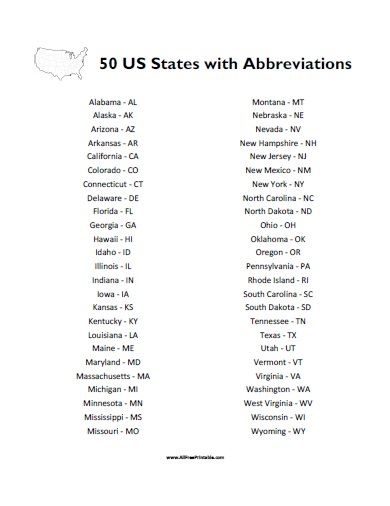 Free Printable 50 States with Abbreviations List List Of States In Alphabetical Order, 50 States In Alphabetical Order, States In Alphabetical Order, Abbreviations Worksheet, State Capitals Quiz, Iep Binder, United States Geography, State Abbreviations, Us State Map