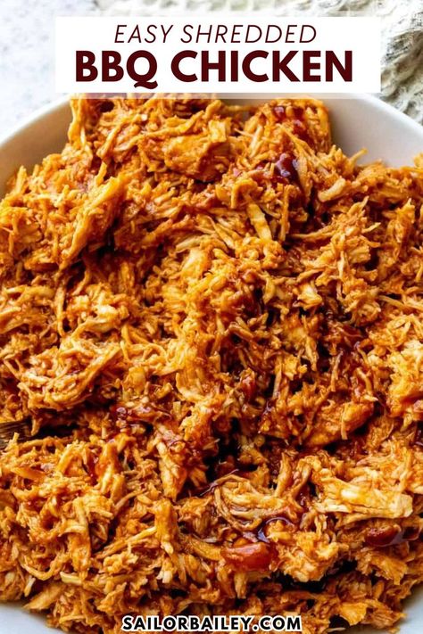 Enjoy this flavorful Shredded BBQ Chicken with my homemade BBQ sauce. This summer staple is easy enough for an easy dinner recipe busy weeknights while being a guaranteed hit for cookouts and BBQs. Serve it as a sandwich, make it into a wrap, or serve it on its own as a delicious appetizer! Shredded Bbq Chicken Oven, Boiled Bbq Chicken, Summer Shredded Chicken Recipes, Shredded Barbecue Chicken Sandwiches, Good Supper Ideas, Bbq Chicken Sandwich Sides, What To Serve With Bbq Chicken, Bbq Shredded Chicken Recipes, Shredded Bbq Chicken Recipes